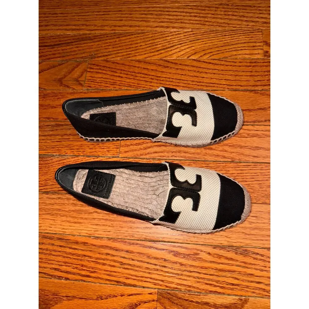 Tory Burch Veranda Espadrille Flats US 6.5 Black Beige Casual Slip-On Shoes NEW